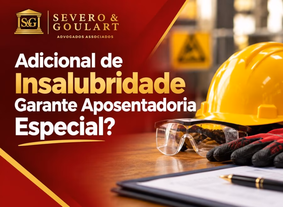 Imagem de cabeçalho ilustrando o tema de adicional de insalubridade e aposentadoria especial, em tons de vermelho, dourado e branco