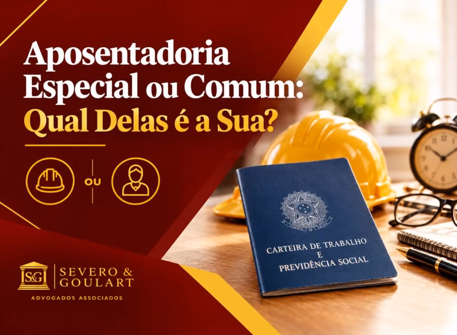 Cabeçalho ilustrativo sobre aposentadoria especial ou comum, com tons de vermelho escuro, dourado e branco em layout limpo e moderno
