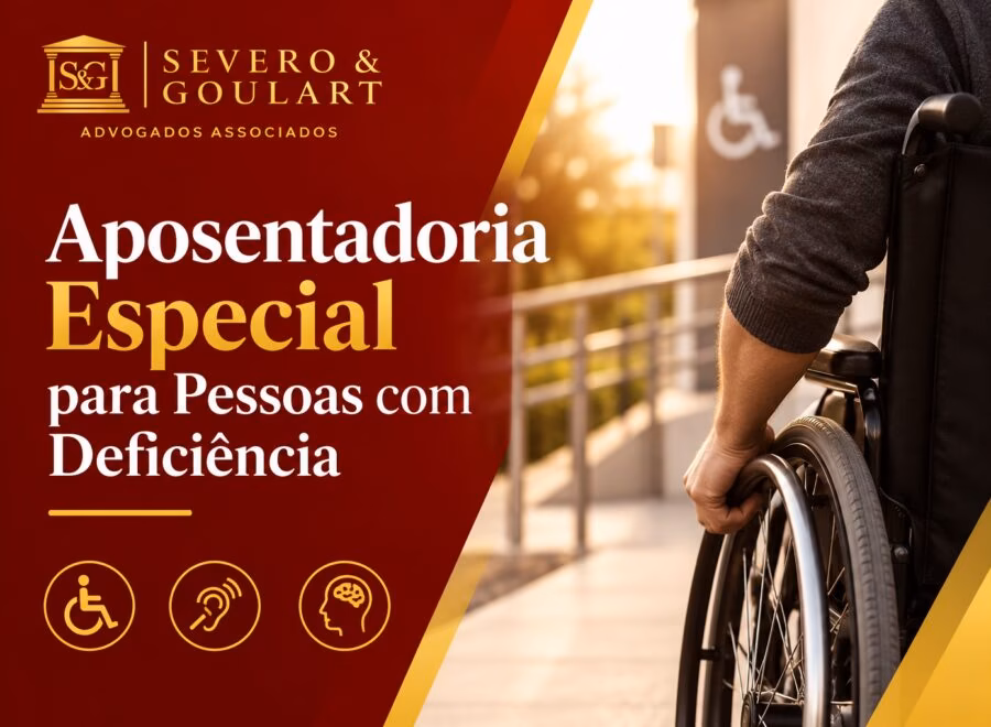 Imagem de destaque com ilustração moderna sobre aposentadoria especial para pessoas com deficiência, em tons de vermelho escuro, dourado e branco.