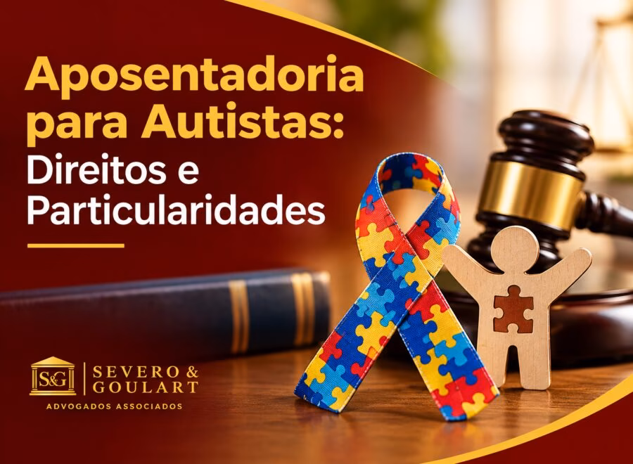 Imagem de capa ilustrando aposentadoria para autistas, com direitos e particularidades, em tons de vermelho, dourado e branco.