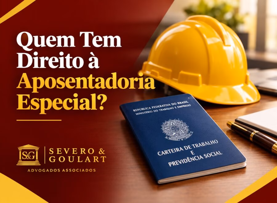 Imagem de destaque com fundo branco e detalhes em vermelho escuro e dourado sobre o tema aposentadoria especial no Brasil